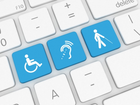 Touches sur clavier d'ordinateur avec sigles 3 handicaps : deplacement, audition et vision