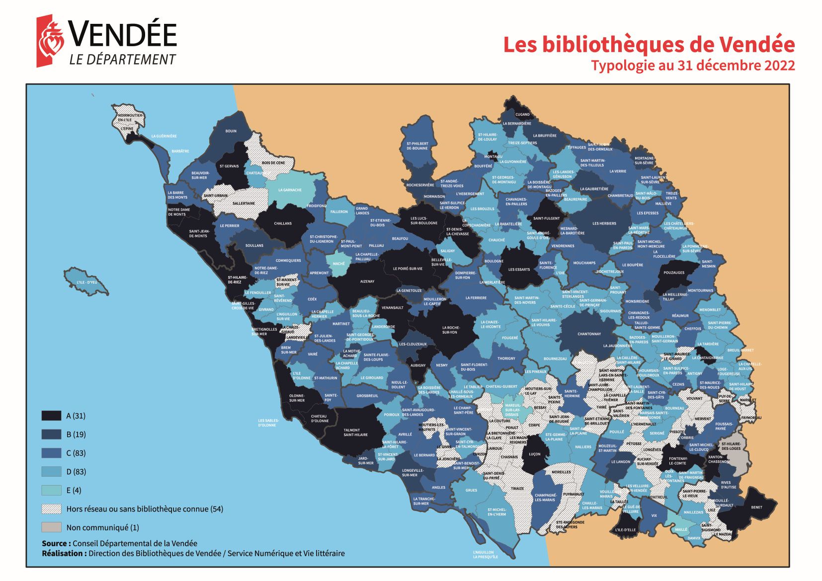 carte 2022 des communes de Vendée avec couleurs pour distinguer les différences de niveau des bibliothèques