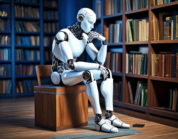 robot penseur dans une bibliothèque