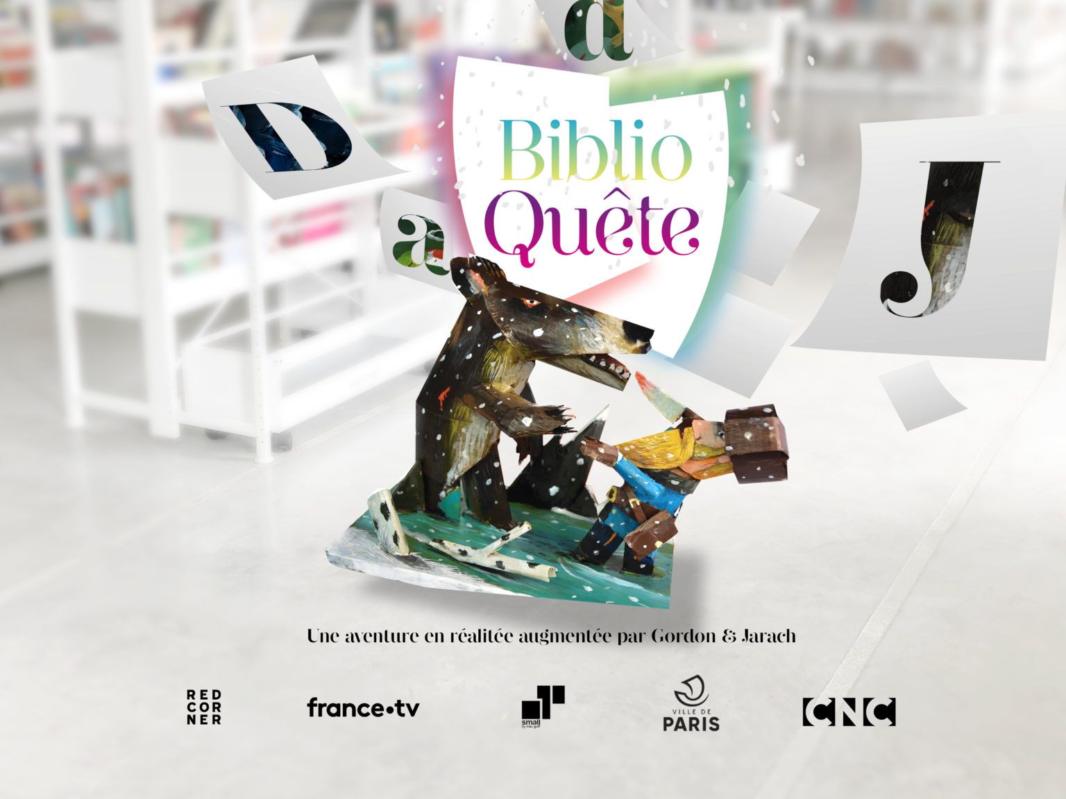 dans une bibliothèque, des pages s'envolent avec des lettres. Au mileu des personnages illustrés en 3D : un chasseur face à un loup