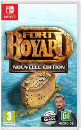 Visuel du jeu Switch Fort Boyard avec le Fort au milieu de la mer et la photo de l'animateur Olivier Minne en contrebas