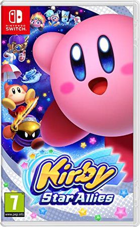 Visuel du jeu avec le personnage Kirby au centre et d'autres personnages issus de l'univers du jeu