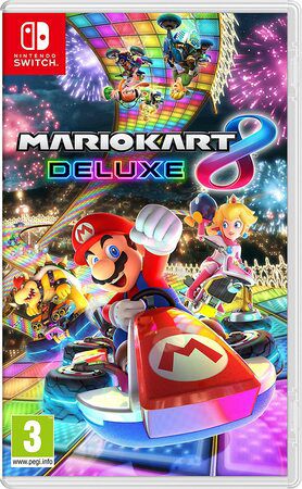 Visuel du jeu où l'on peut voir Mario et ses amis conduisant des karts dans le cadre d'une course