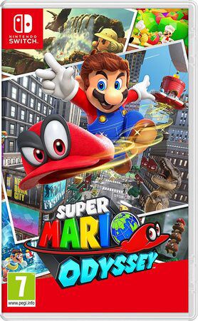 Visuel du jeu avec le personnage de Mario et son chapeau magique devant une ville du jeu