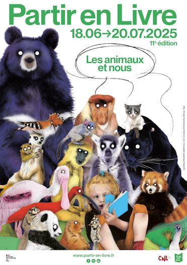 affiche du festival avec des illustrations d'animaux et une petite fille avec un livre au milieu