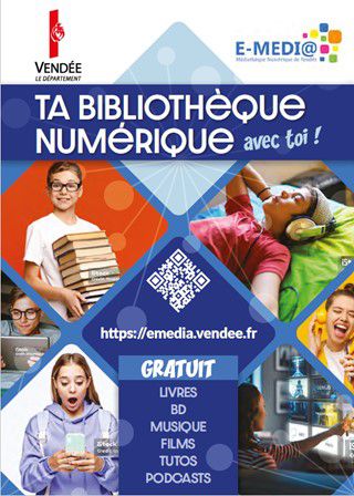 flyer avec des ados indiquant: ta bibliothèque numérique avec toi, gratuit, livres, bd, musique, tutos, podcasts