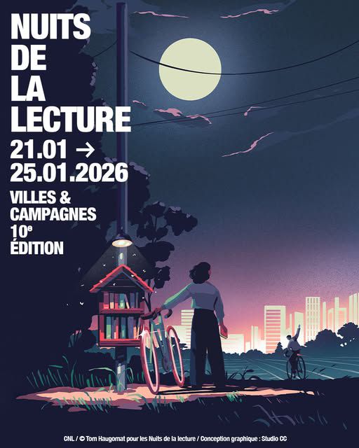 illustration jeune fille avec un vélo appuyé contre une boite à livre qui regarde vers une ville