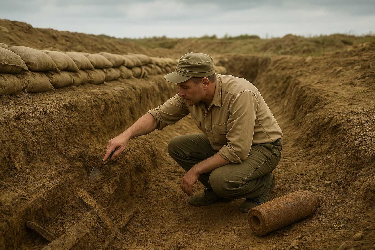 Illustration d'un chantier de fouille d'une tranchée de la 1ère guerre mondiale